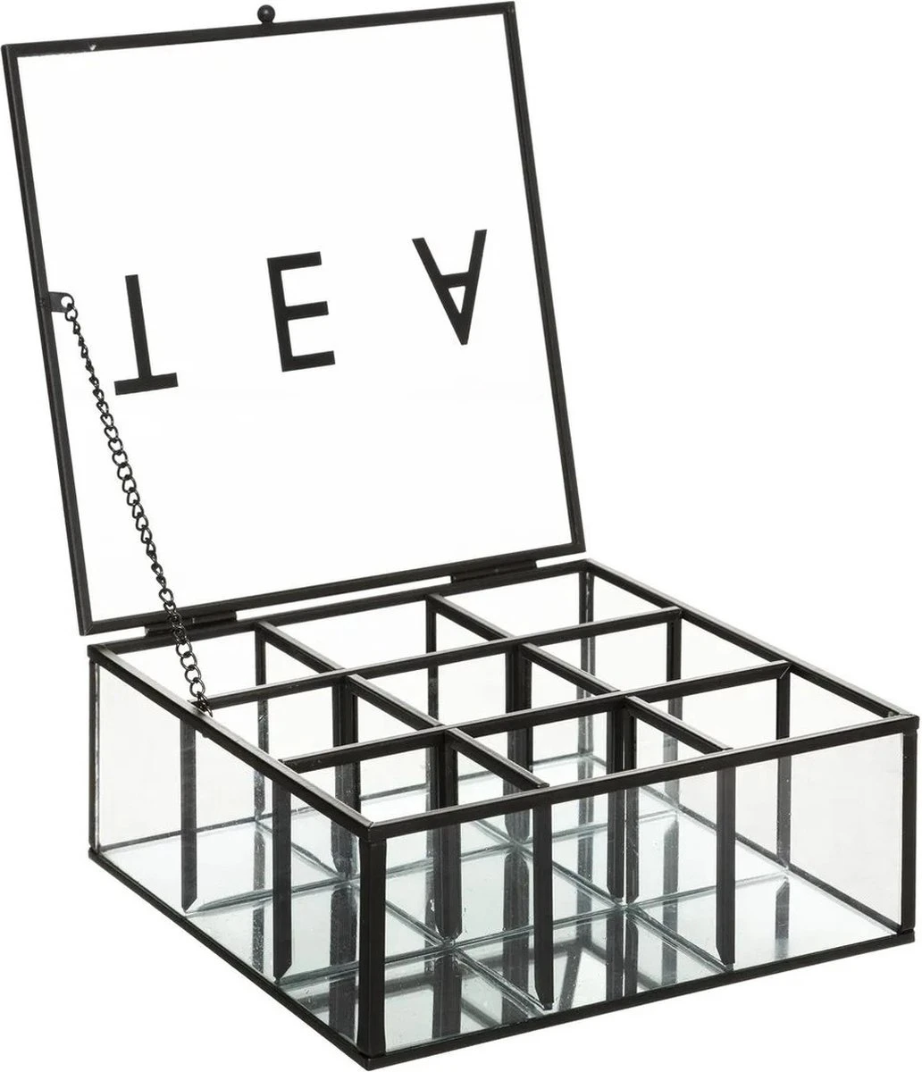 Theedoos/theekist Industrieel Zwart 9-vaks 18,5 X 17,5 Cm Van Glas/metaal - Theezakjes Doos/kist - Image 2