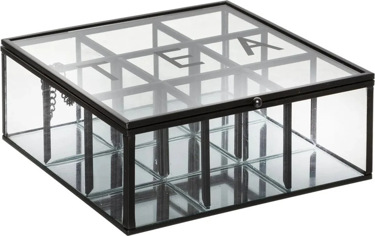 Theedoos/theekist Industrieel Zwart 9-vaks 18,5 X 17,5 Cm Van Glas/metaal - Theezakjes Doos/kist