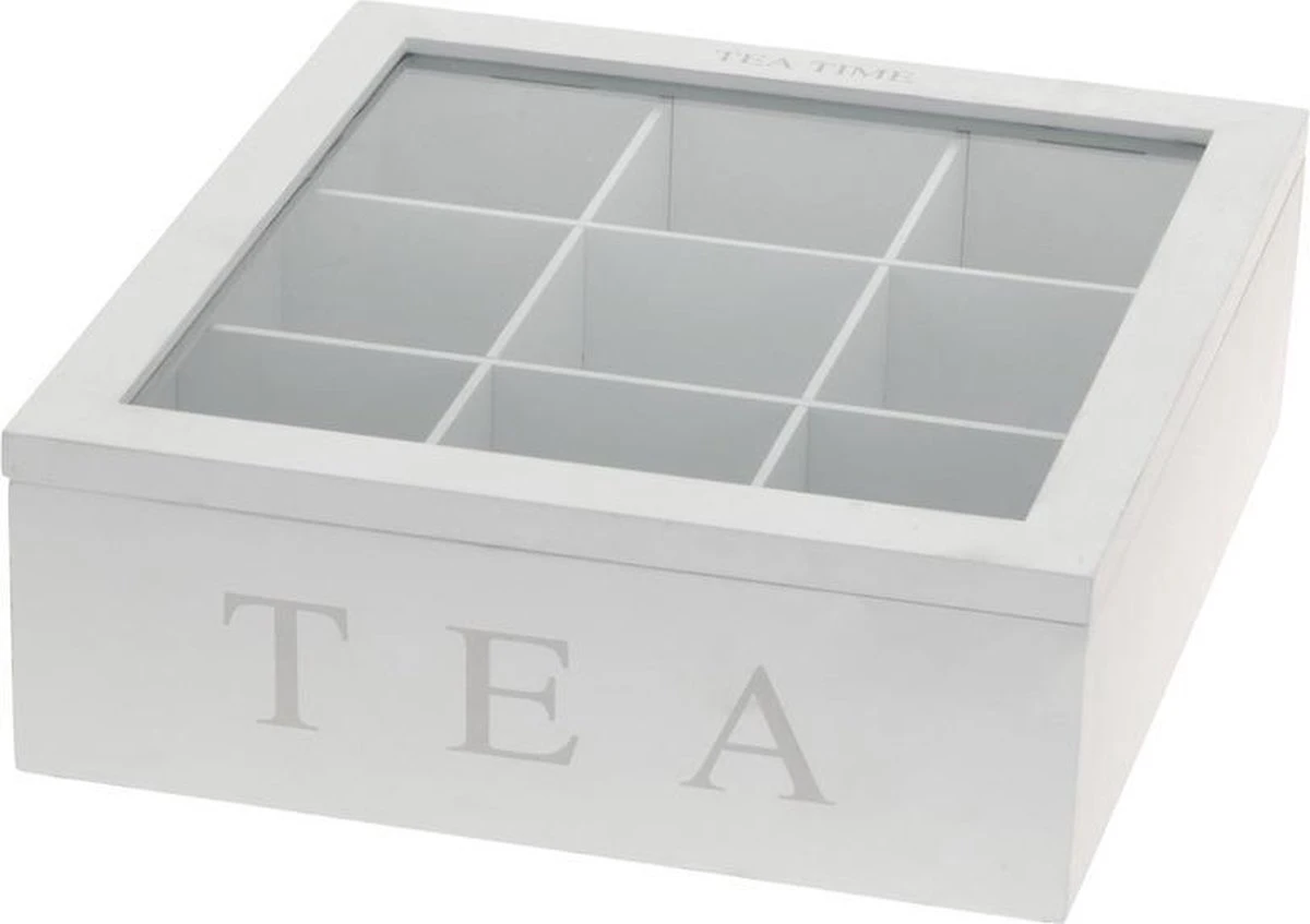 Merkloos Witte Houten Theedoos 9-vaks 23 Cm - Theedozen/theekisten Van Hout 23 Cm