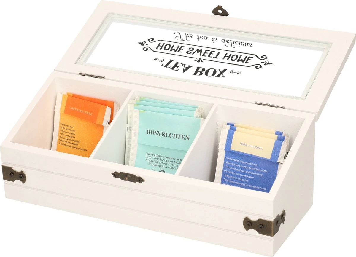 Excellent Houseware Houten Theedoos/theekist Met 3 Vakken - 24 X 9 X 9 Cm - Wit - Theedozen - Image 2