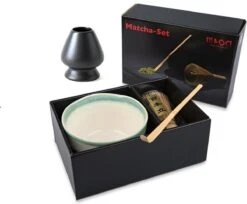 Merkloos Matcha Thee Set Inclusief Handgemaakte Matcha Kom, Bamboe Matcha Klopper, Chasen Houder Zwart En Bamboe Maatschep - Complete Matcha Set